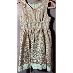Pippa & Julie Girls Metallic Jacquard Fit & Flare Dress Size 10 Mint Gold